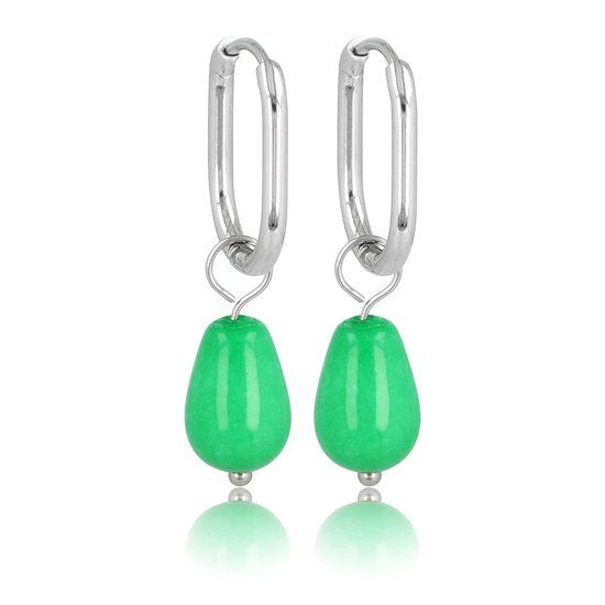 Zilverenkleurige oorbellen met Chrysopraas edelsteen - 30 mm lang
