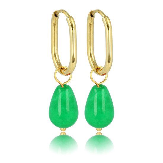 Goudkleurige oorbellen met Chrysopraas edelsteen - 30 mm lang