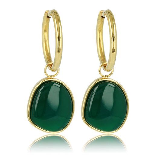 Goudkleurige oorbellen met groene agaat edelstenen hanger - 36 mm