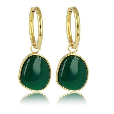 Goudkleurige oorbellen met groene agaat edelstenen hanger - 36 mm