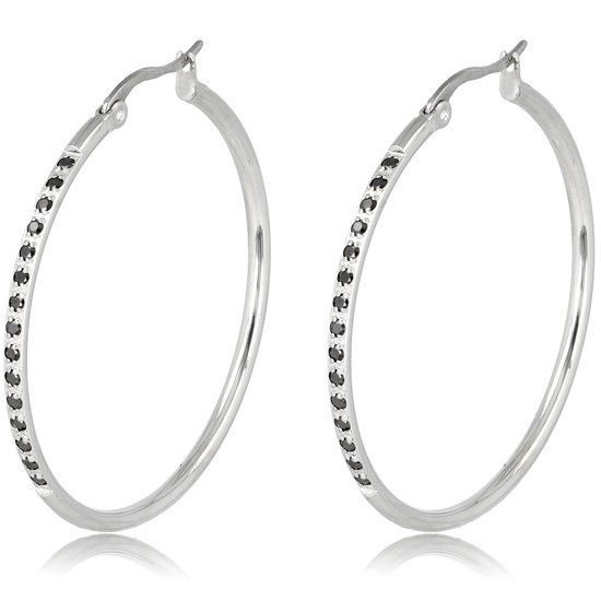 Zilveren oorbellen zwart zirkonia 40mm x 2mm