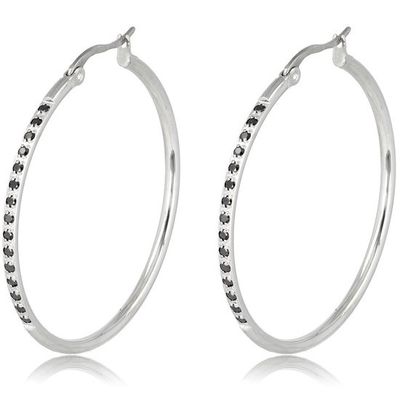 Zilveren oorbellen zwart zirkonia 40mm x 2mm