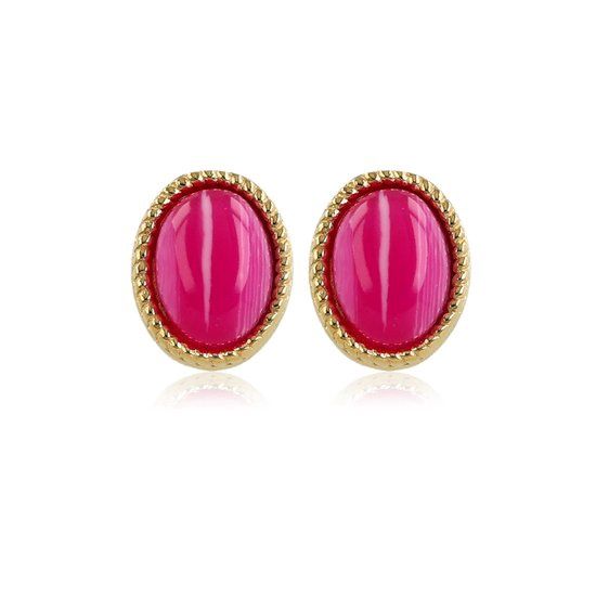 Gouden oorstekers met roze agaat edelsteen