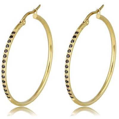 Goudkleurige oorbellen zwart zirkonia 40mm x 2mm