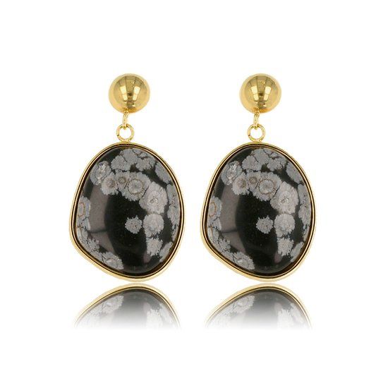 Goudkleurige oorsteker met sneeuwvlok obsidiaan edelsteen