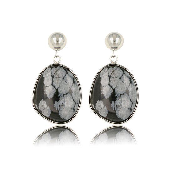 Zilveren oorsteker met sneeuwvlok obsidiaan edelsteen