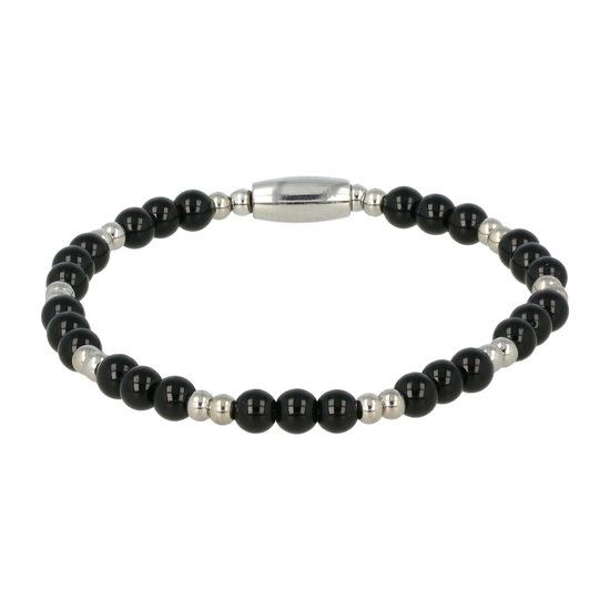 Fijne zilveren elastische armband Onyx edelsteen 4mm