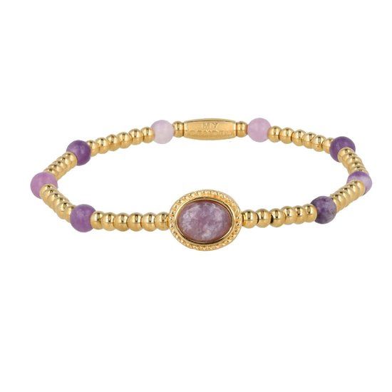 Elastische gouden armband met lila kwarts edelstenen bedels