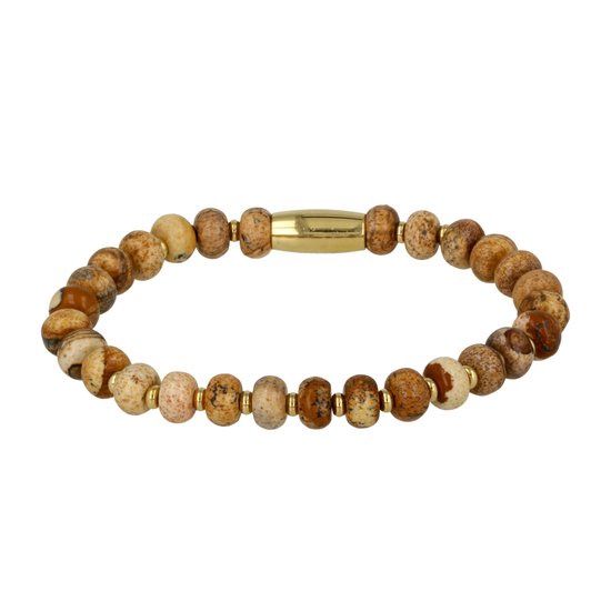Elastische armband met landschapsjaspis edelsteen goudkleurig
