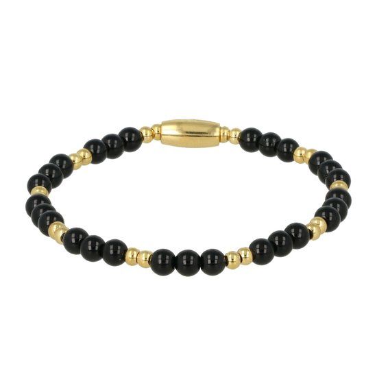 Fijne elastische armband goud met Onyx edelsteen 4mm
