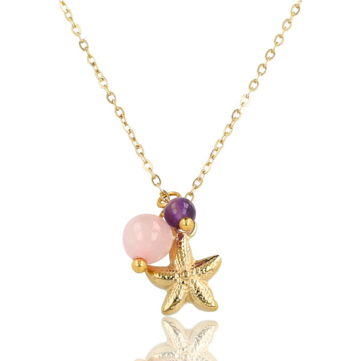 Ketting goudkleurig met zeester en fuchsia en lila glasstenen