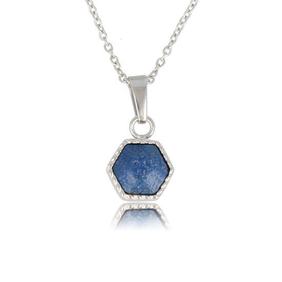 Ketting zilverkleurig met zeshoek blauwe aventurijn edelsteen