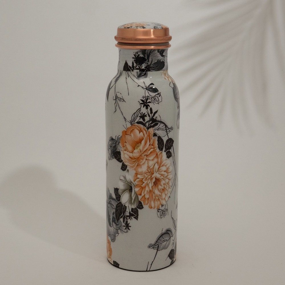Koperen waterfles bloemenprint wit - 750ml