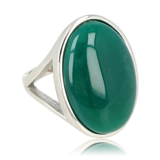 Grote zilverkleurige ring met ronde groene agaat, Maat: Maat 16