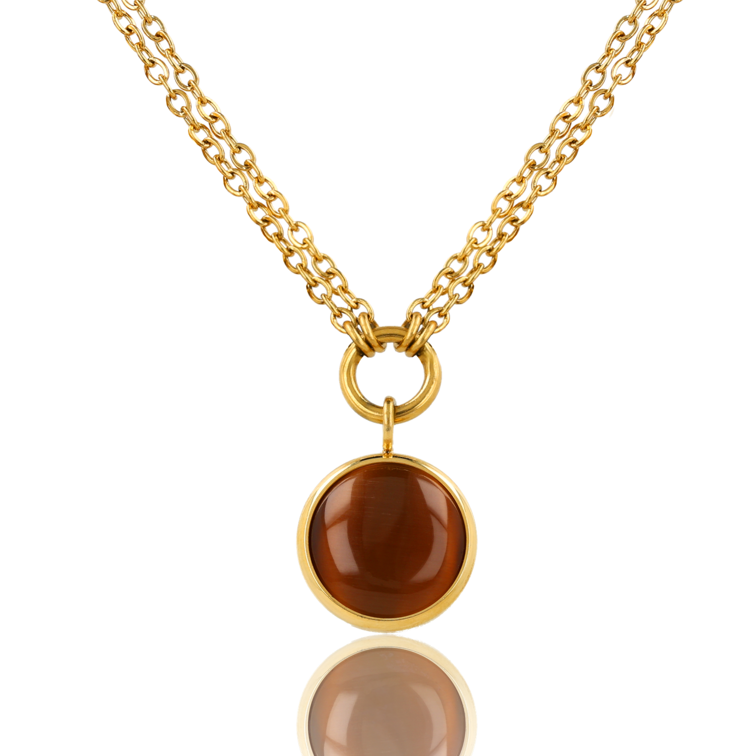 Goudkleurige ketting met ronde tijgeroog hanger