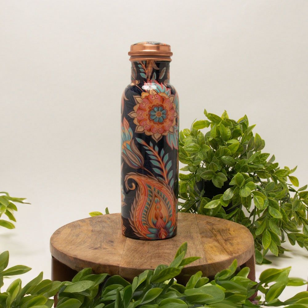 Koperen waterfles met bloemenprint ± 750 ml