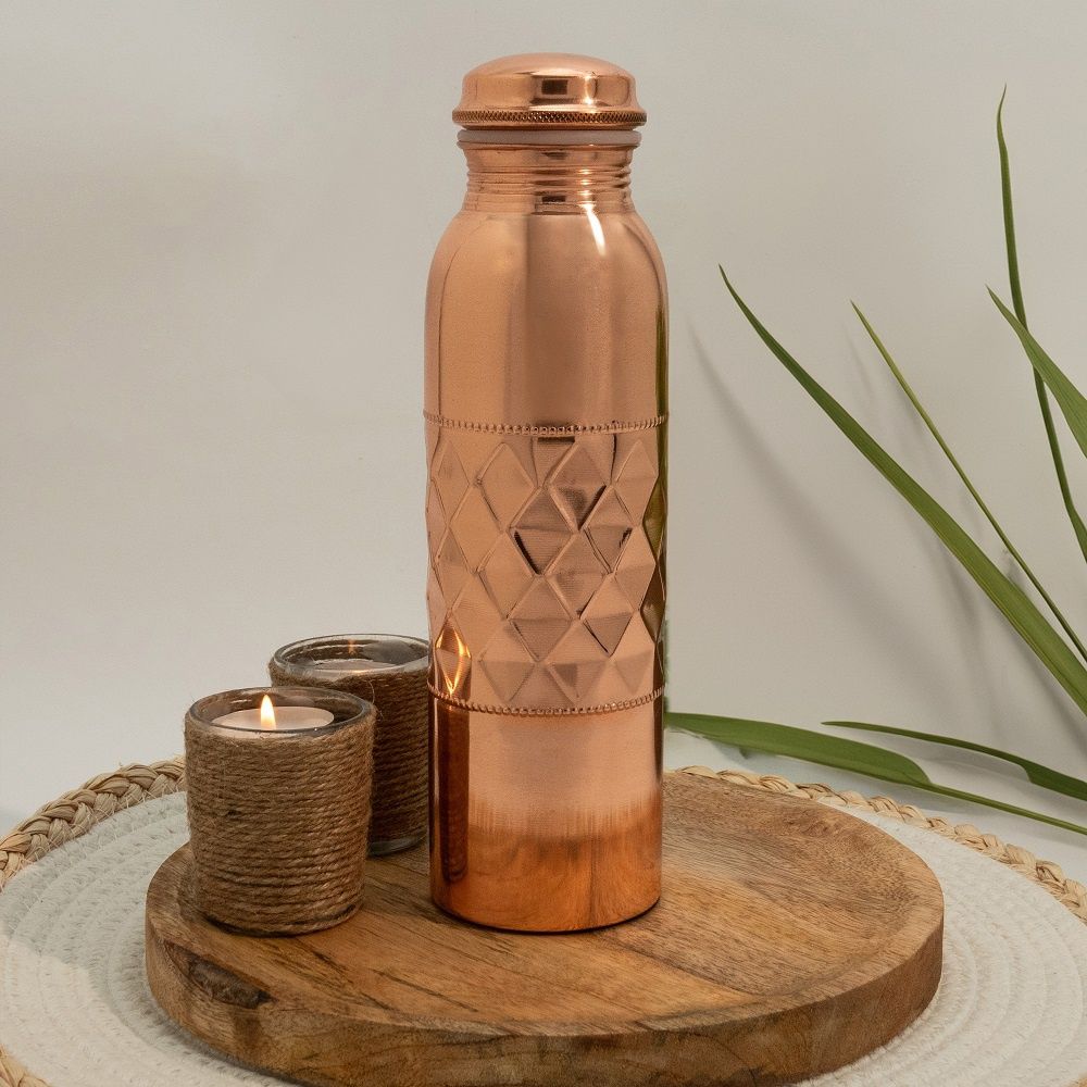 Koperen waterfles dot diamond polished ± 950 ml
