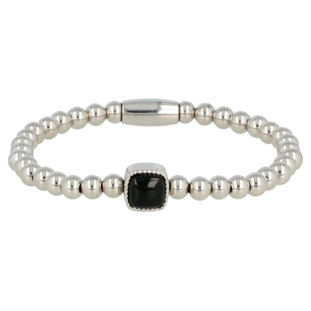 Zilverkleurige elastische damesarmband onyx edelsteen