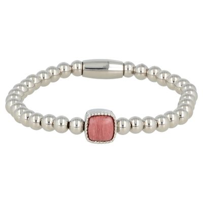 Zilveren elastische bedelarmband met rhodoniet edelsteen