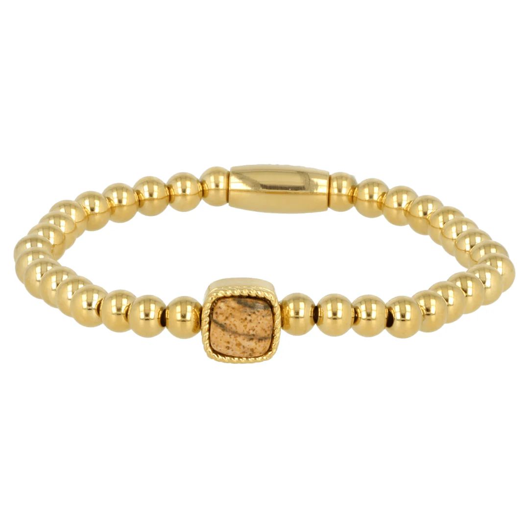 Gouden elastische bedelarmband met landschapsjaspis edelsteen