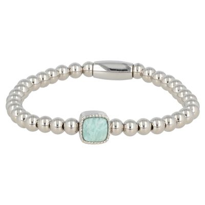 Zilverkleurige elastische damesarmband amazoniet edelsteen