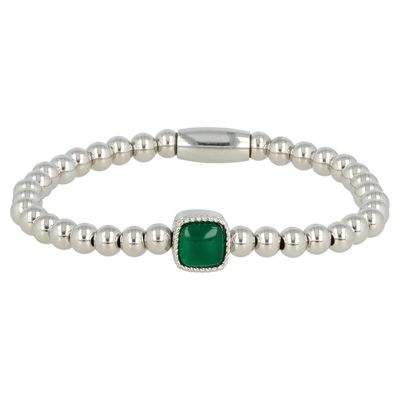 Zilverkleurige elastische damesarmband groene agaat edelsteen