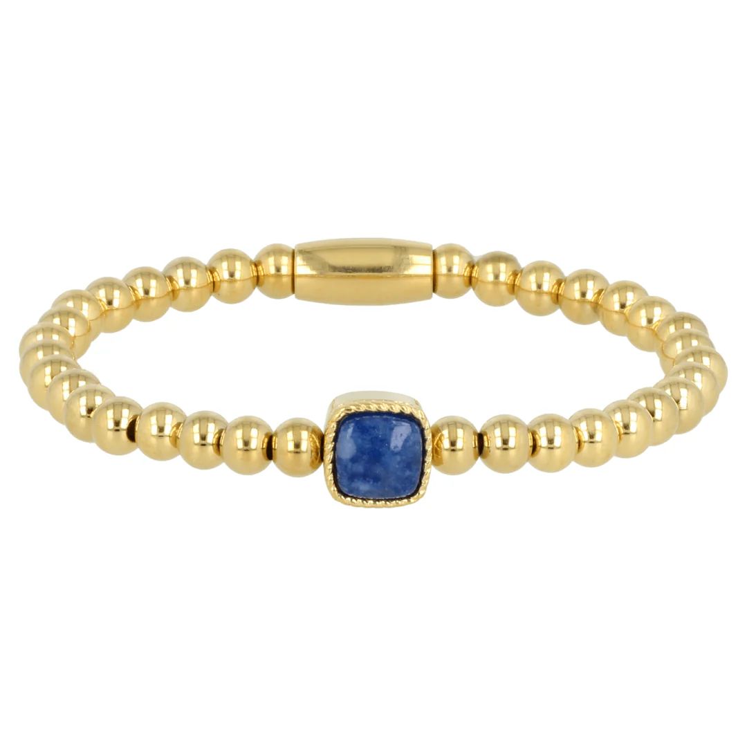 Gouden elastische bedelarmband met blauwe aventurijn edelsteen