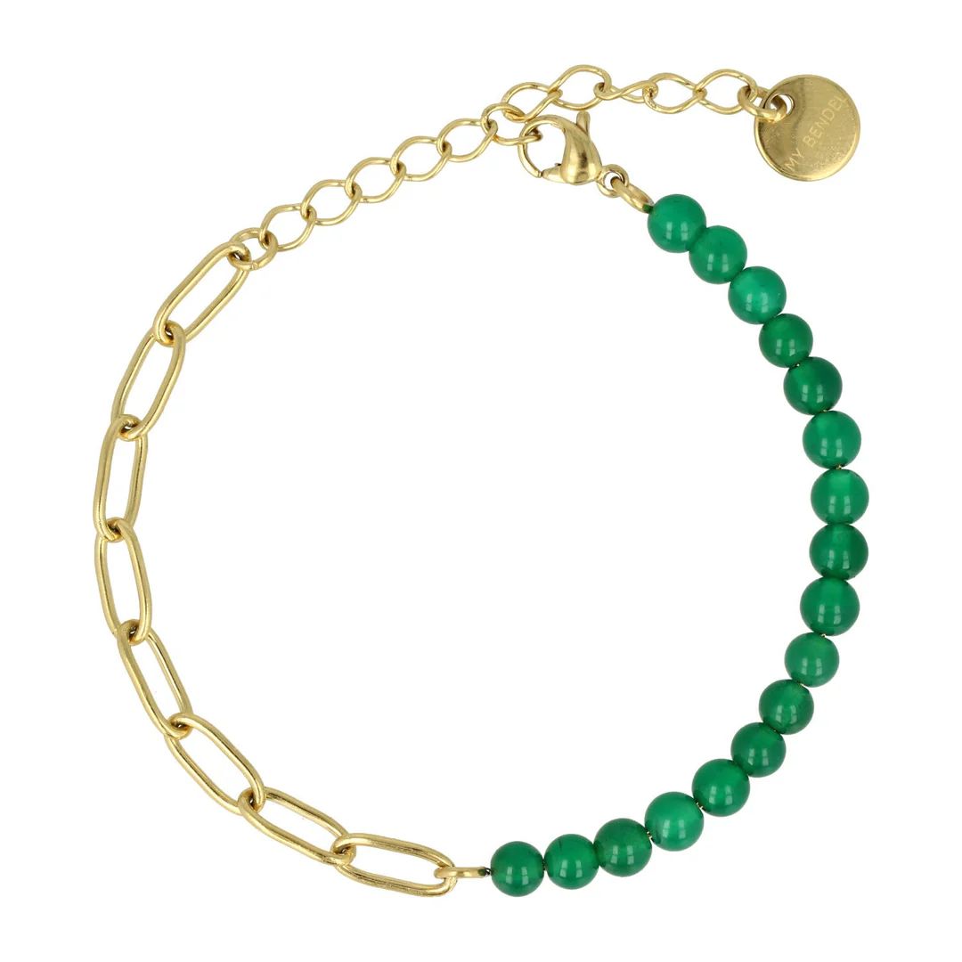 Combi schakelarmband goud met groene agaat edelsteen
