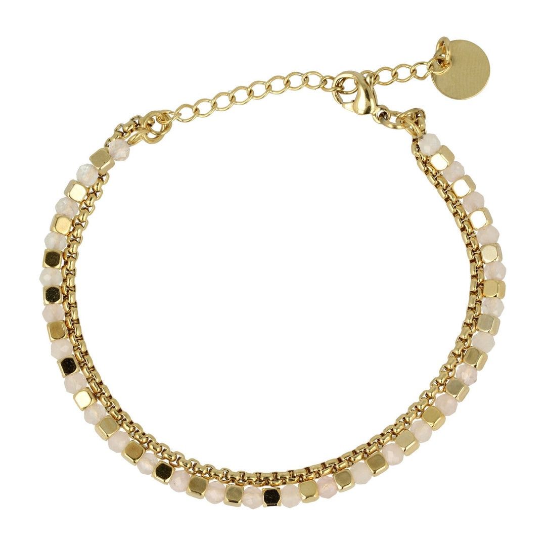 Gouden dubbele armband met roze glasstenen
