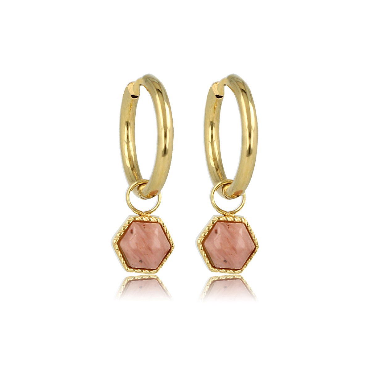 Oorbellen goud zeshoek met rhodoniet edelsteen