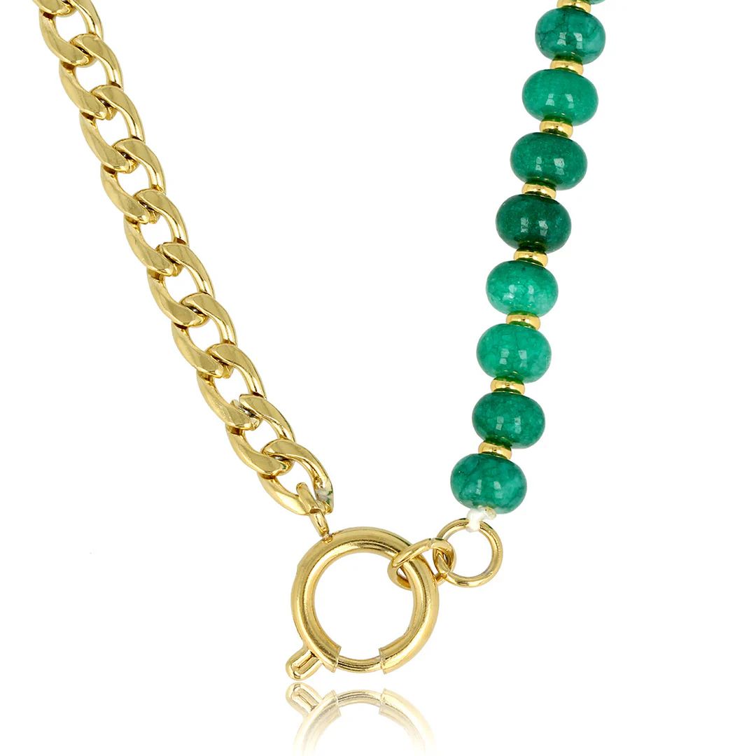 Schakelketting goud met groene agaat edelstenen
