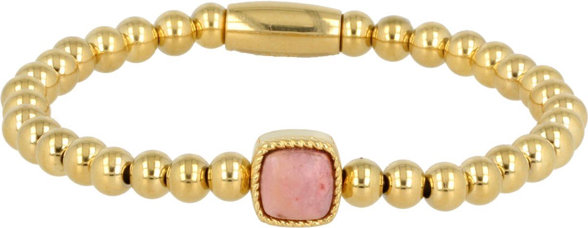 Gouden elastische bedelarmband met rhodoniet edelsteen
