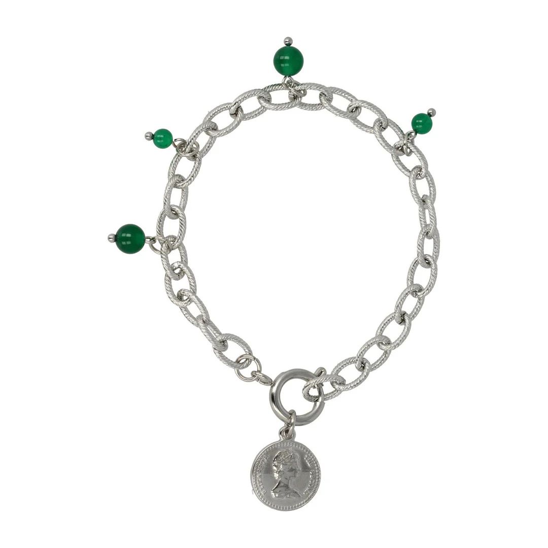 Schakelarmband zilver met muntbedel en groene agaat edelsteen