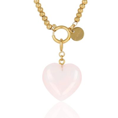 Gouden dames schakelketting met rozenkwarts hart