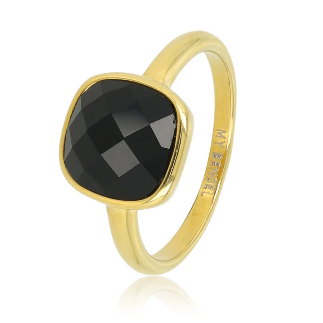 Gouden ring met grote facet zwarte kristal glassteen, Maat: Maat 16