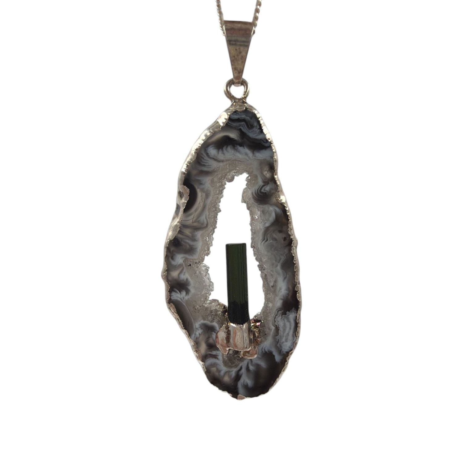 Agaat geode met toermalijn hanger verzilverd - 6.51 gram