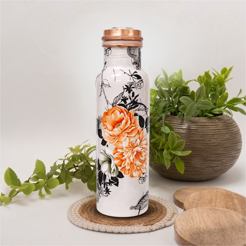 Koperen waterfles bloemenprint wit - 750ml