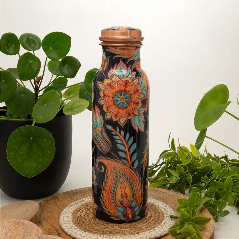 Puur koperen waterfles met bloemenprint ± 950 ml (320 gr)