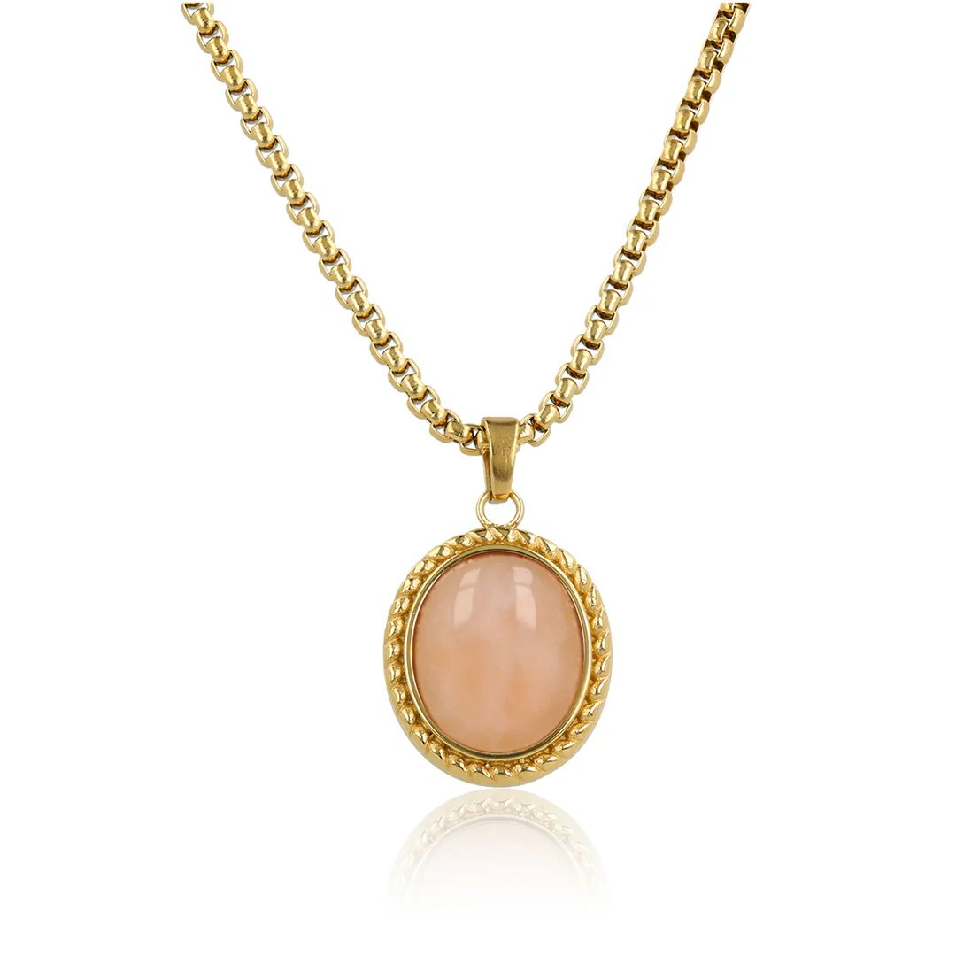 Vintage ketting met roze maansteen hanger - Goudkleurig &amp; Roze