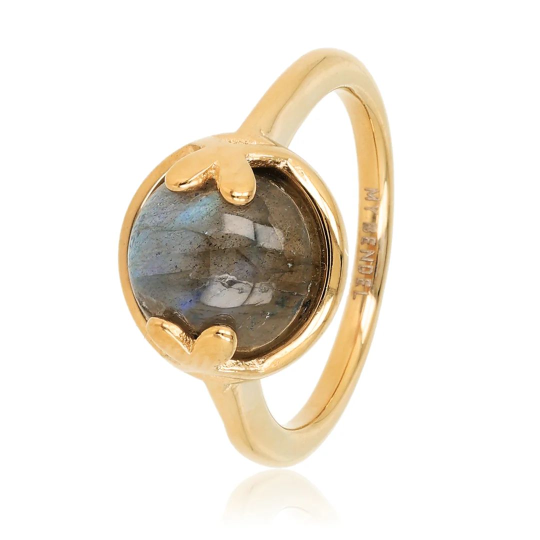 Ronde Ring met Hartjesdetail - Goudkleurig &amp; Labradoriet, Maat: Maat 16