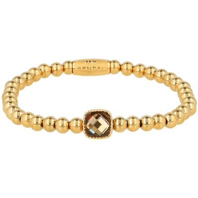 Elastische Kralenarmband met Vierkante Kristalglas - Smokey Topaas &amp; Goudkleurig