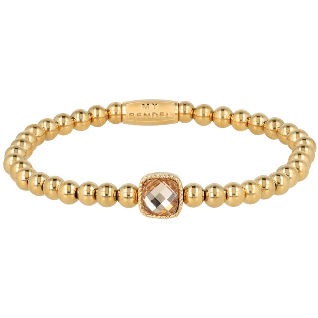 Elastische Kralenarmband met vierkante kristalglas - Amber &amp; Goudkleurig