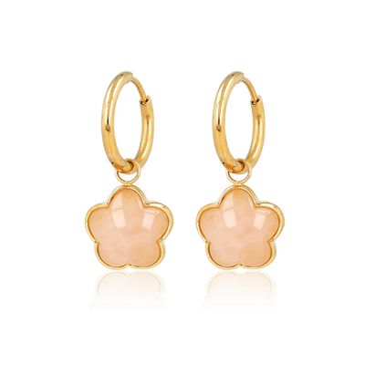 Gouden Oorbel met Rozenkwarts Hanger in Bloemmotief - Goudkleurig &amp; Roze