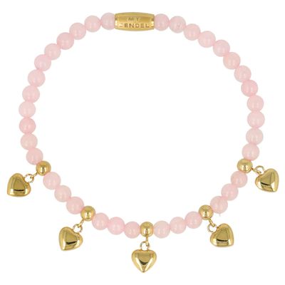 Rozenkwarts kralenarmband met gouden harten bedels - Elastisch