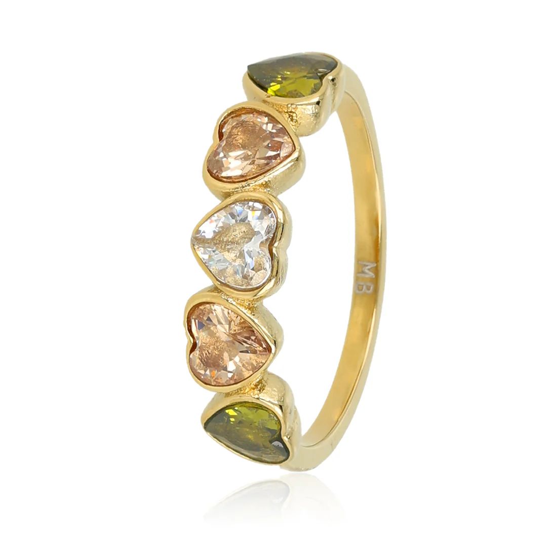 Hartjes Ring met Verschillende Kleuren Kristalglas - Goudkleurig, Maat: Maat 16