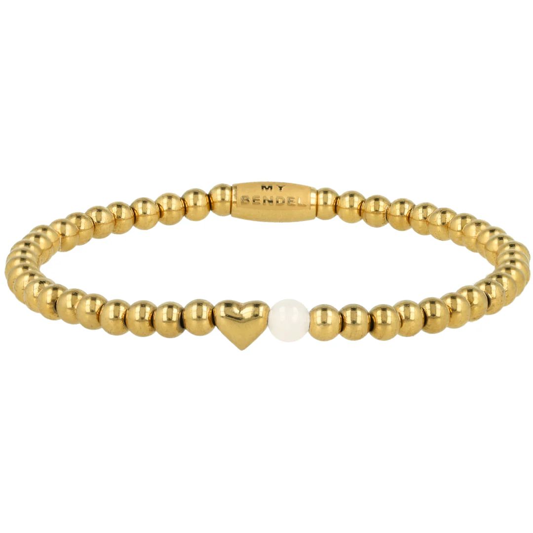 Gouden Kralenarmband met Hartje en Edelsteen - Witte kwarts