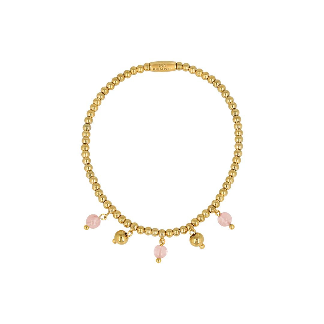 Elastische kralenarmband met ronde bedels - goudkleurig &amp; roze maansteen