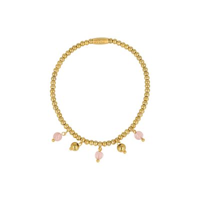 Elastische kralenarmband met ronde bedels - goudkleurig &amp; roze maansteen