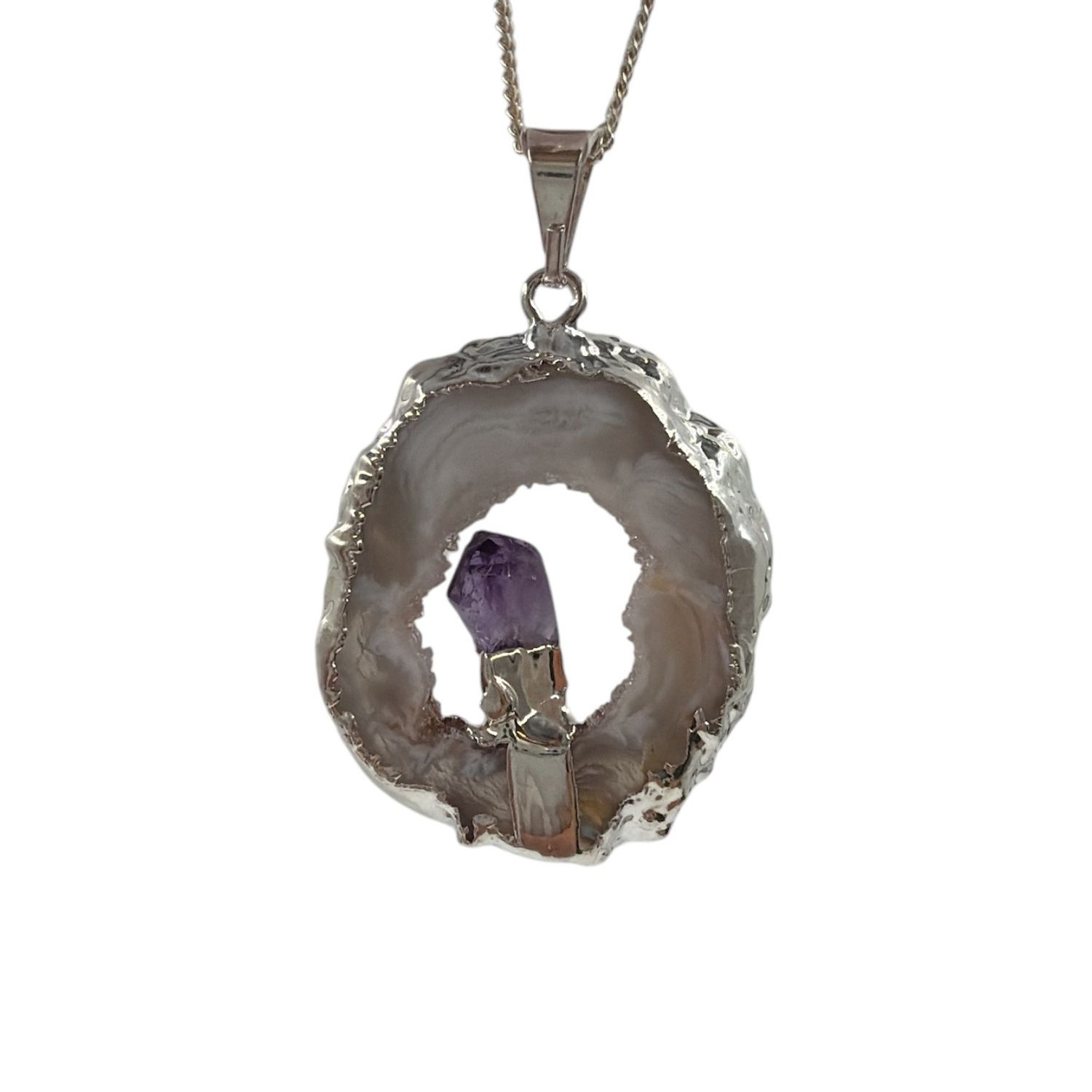 Agaat geode met amethist hanger verzilverd -6.97 gram