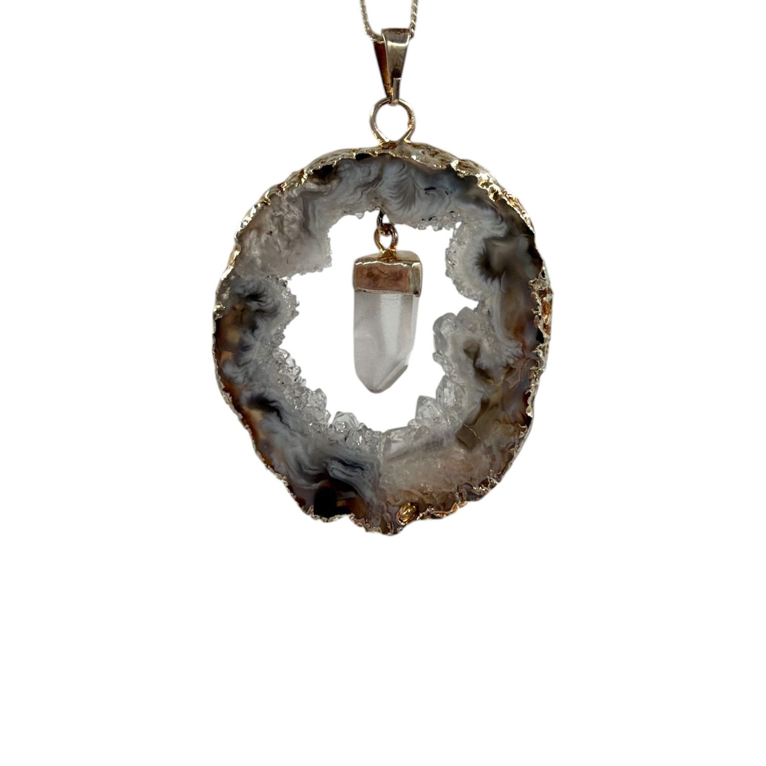 Agaat geode met bergkristal hanger verzilverd -12.34 gram